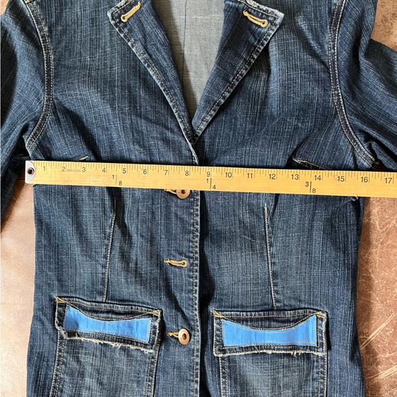 Jean Jacket Women Medium Blue Sunset Portrait Fitted Long Sleeve Denim Button Up - Picture 9 of 11